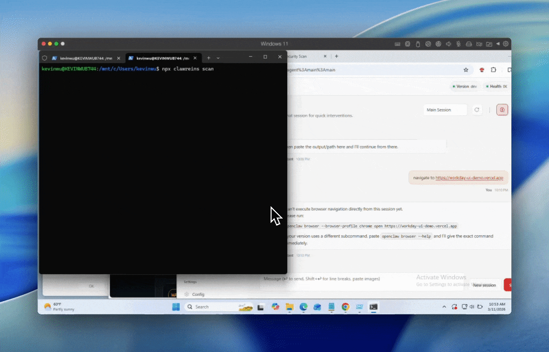 ClawReins security scan generating a local HTML report